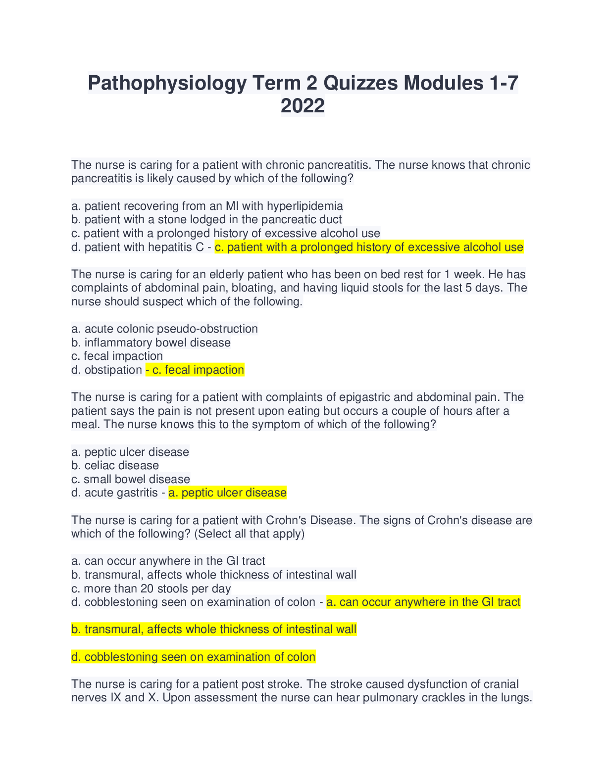 Preview image of Pathophysiology Term 2 Quizzes Modules 1-7 2022 document